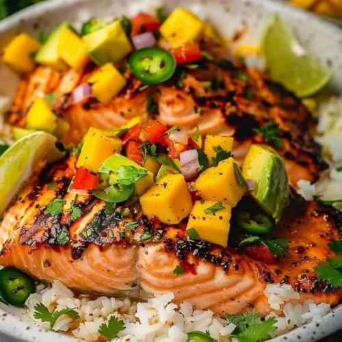 Grilled salmon fillet with vibrant mango salsa and lime garnish