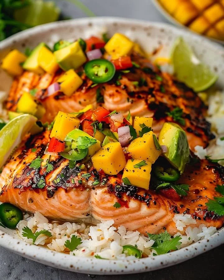 Grilled salmon fillet with vibrant mango salsa and lime garnish