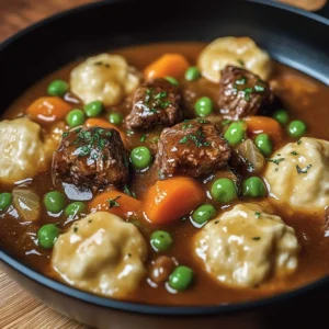 Savory ground beef and dumplings dish served in a bowl