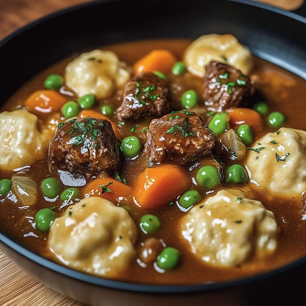 Savory ground beef and dumplings dish served in a bowl