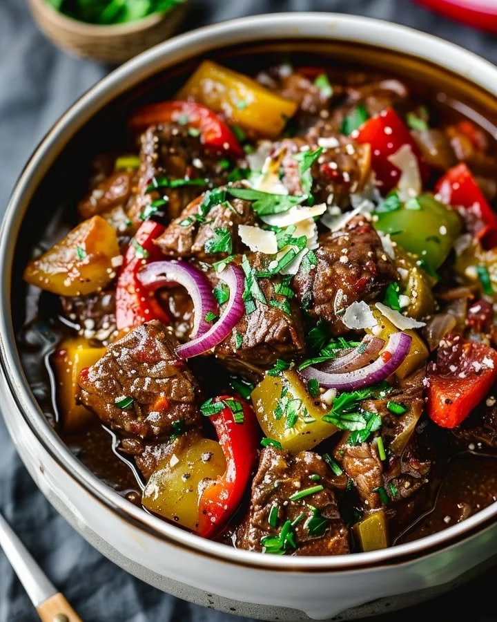 A bowl of hearty Guinness Braised Beef Stew garnished with herbs.