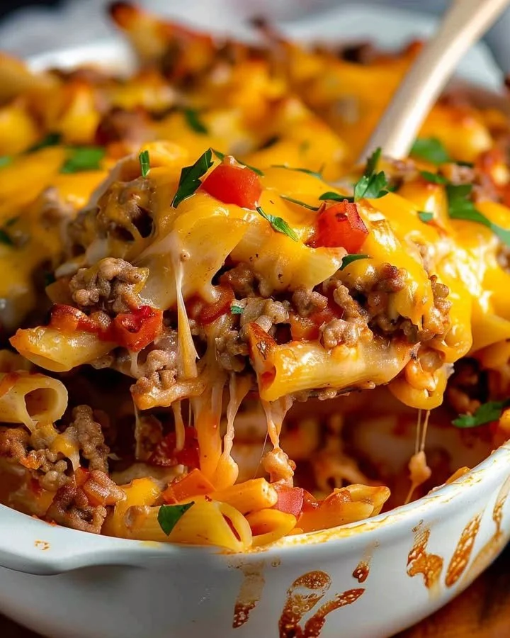 Homemade Hamburger Casserole served in a baking dish with cheese and vegetables.