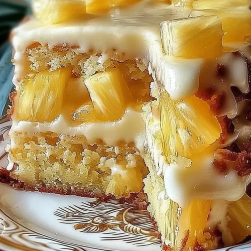 Delicious Hawaiian Pineapple Cake topped with sweet pineapple slices.