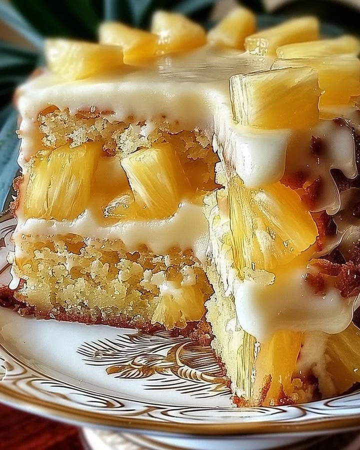Delicious Hawaiian Pineapple Cake topped with sweet pineapple slices.