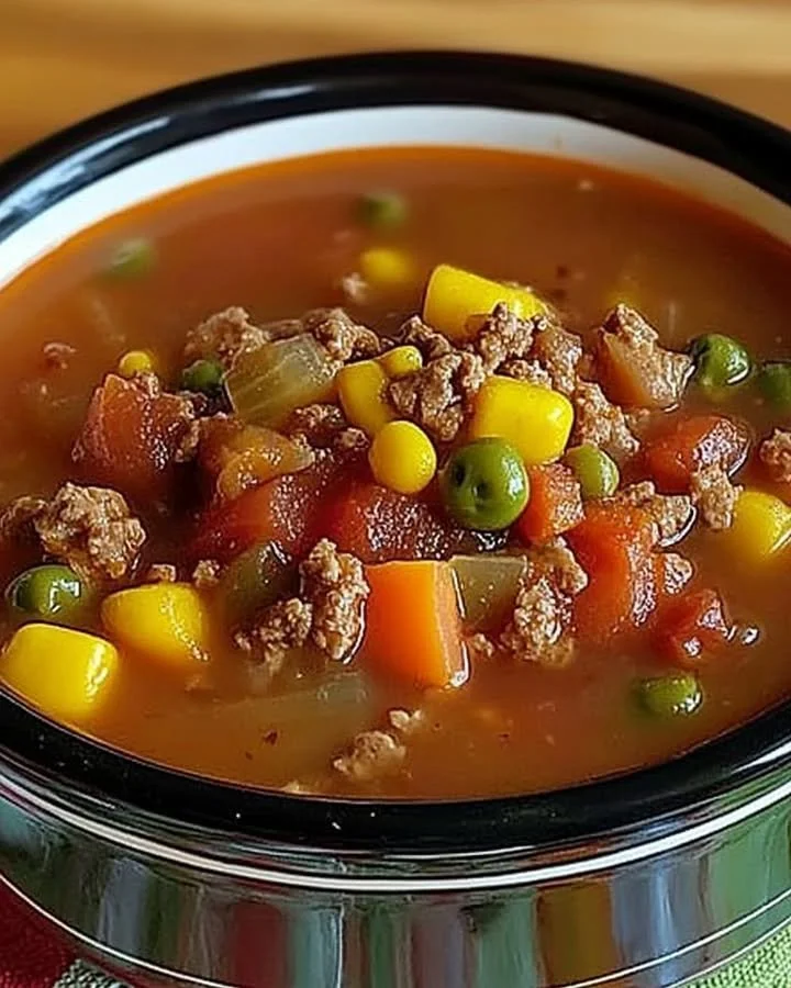 Bowl of hearty crock pot cowboy soup with vegetables and beans