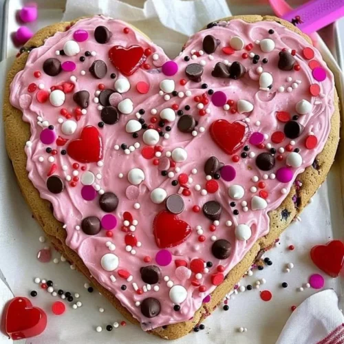 Heart-shaped cookie cake decorated for Valentine's Day