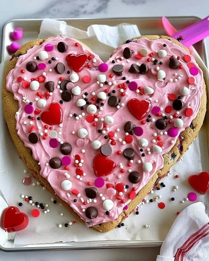 Heart-shaped cookie cake decorated for Valentine's Day