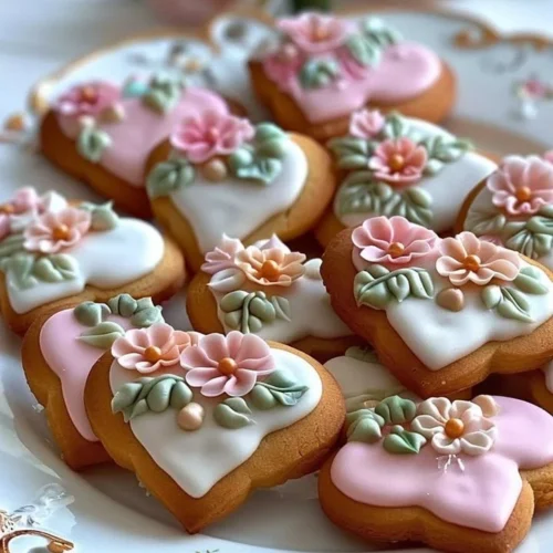 Heart shaped cookies decorated with royal icing and fondant flowers