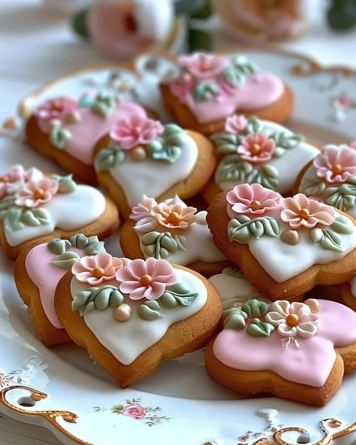 Heart shaped cookies decorated with royal icing and fondant flowers