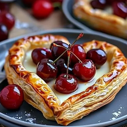 Heart-shaped puff pastries filled with custard and cherries