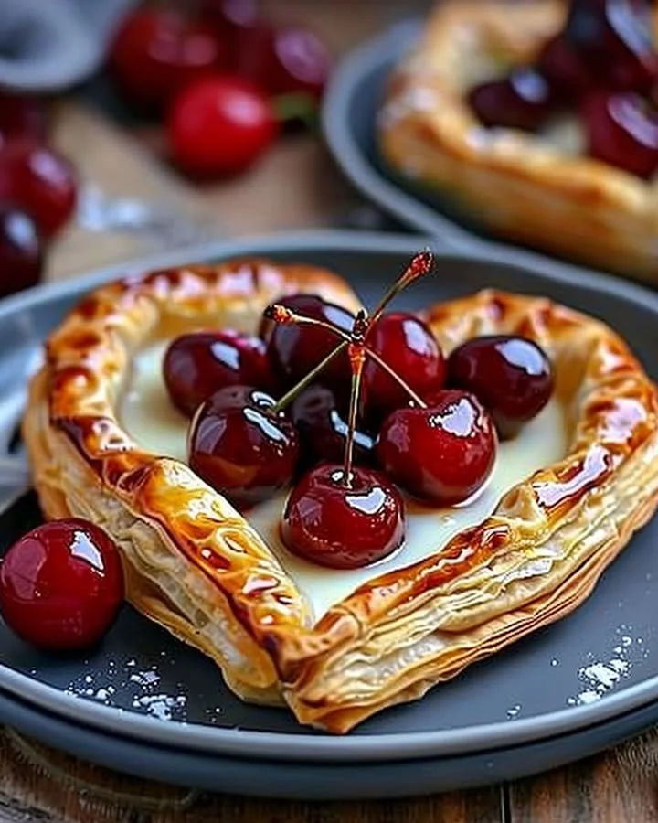 Heart-shaped puff pastries filled with custard and cherries