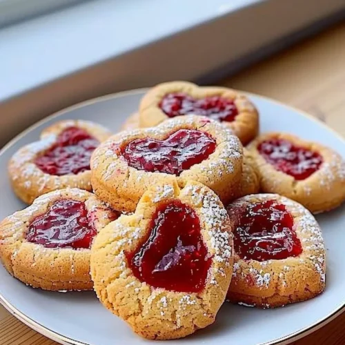 Heart-shaped raspberry jam cookies on a white plate