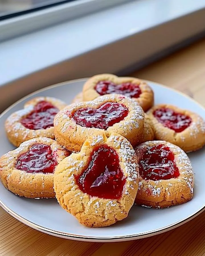 Heart-shaped raspberry jam cookies on a white plate