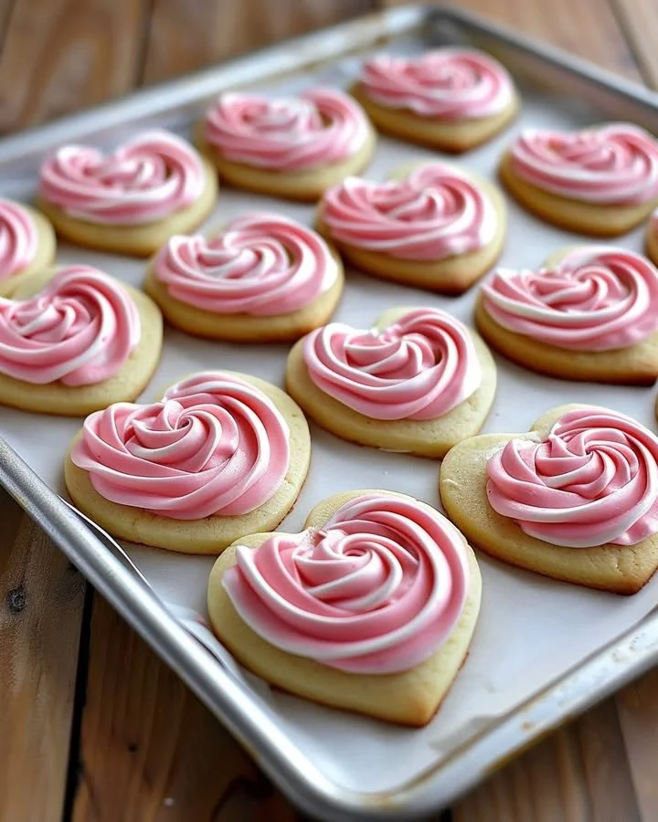 Heart-shaped sugar cookies decorated with buttercream roses