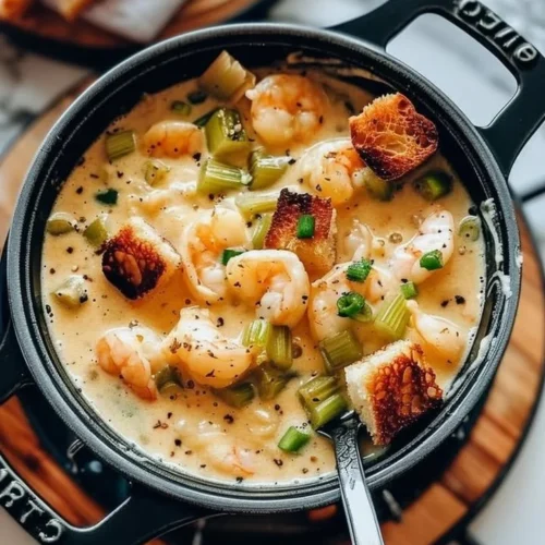 Bowl of creamy hearty shrimp bisque garnished with fresh herbs