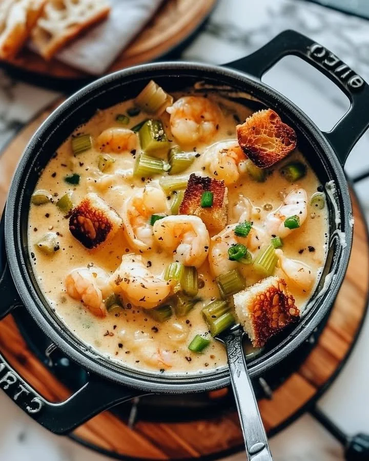 Bowl of creamy hearty shrimp bisque garnished with fresh herbs