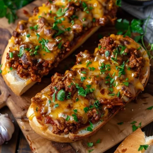 Hearty sloppy joe melts served on toasted garlic bread with a side of pickles