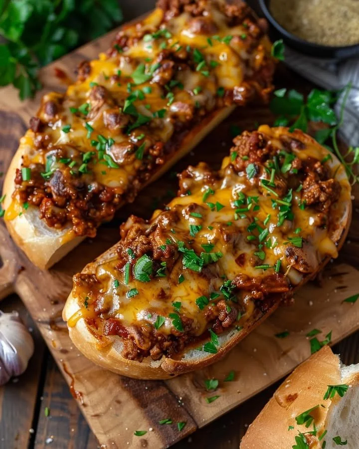 Hearty sloppy joe melts served on toasted garlic bread with a side of pickles