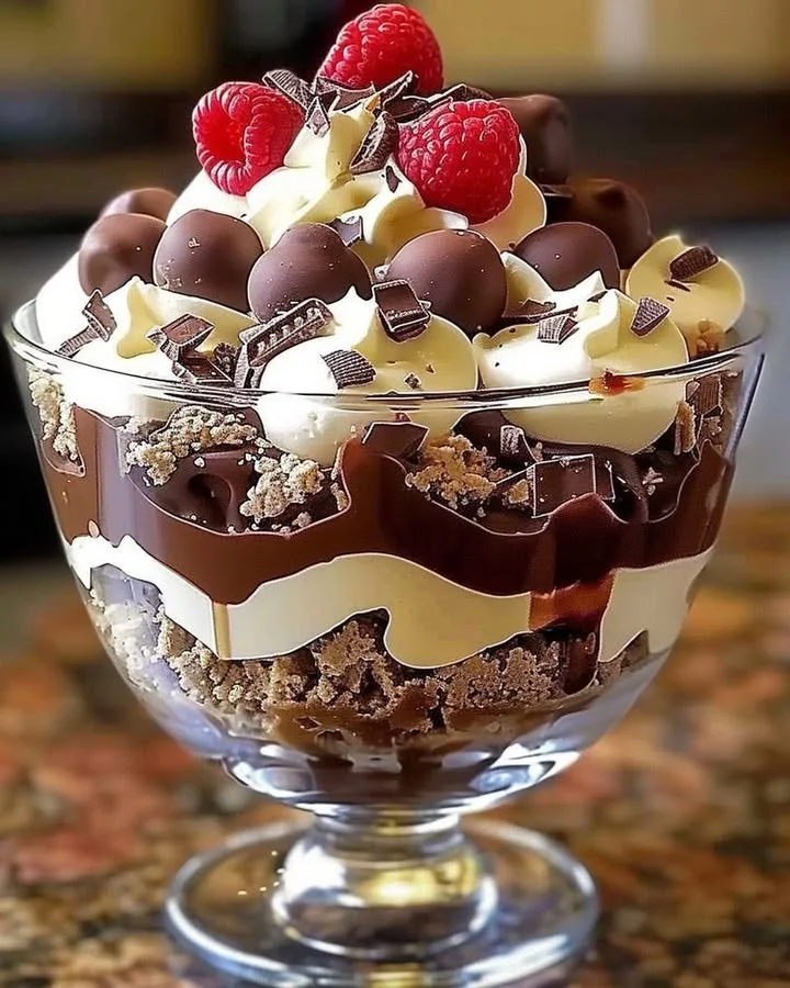 Heavenly Chocolate Cheesecake Trifle layered dessert with rich chocolate cheesecake