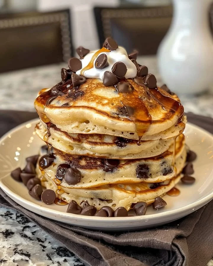 Delicious chocolate pancakes stacked high with chocolate syrup and whipped cream