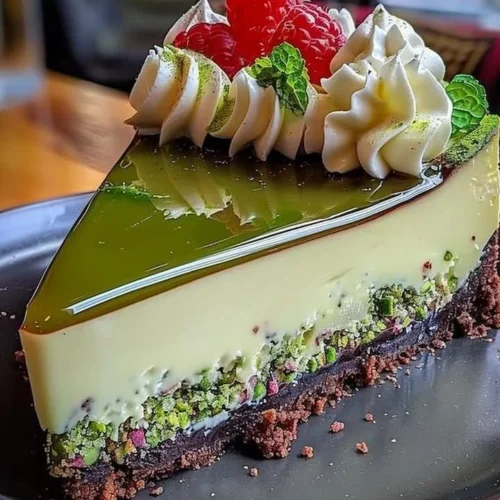 Slice of Heavenly Pistachio White Chocolate Cheesecake on a plate