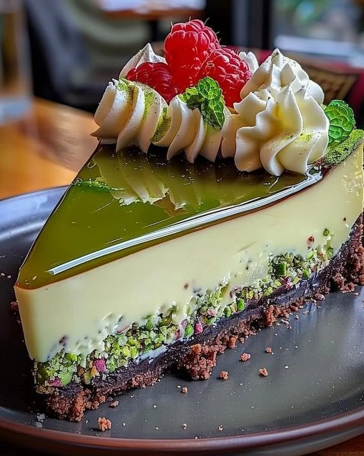 Slice of Heavenly Pistachio White Chocolate Cheesecake on a plate