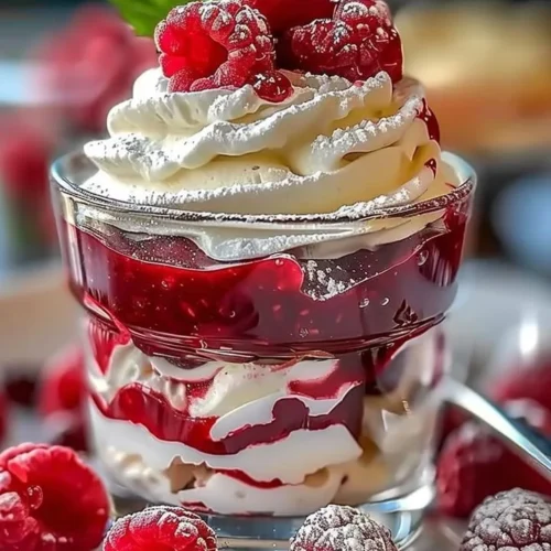 Heavenly raspberry white chocolate mousse parfait in a glass