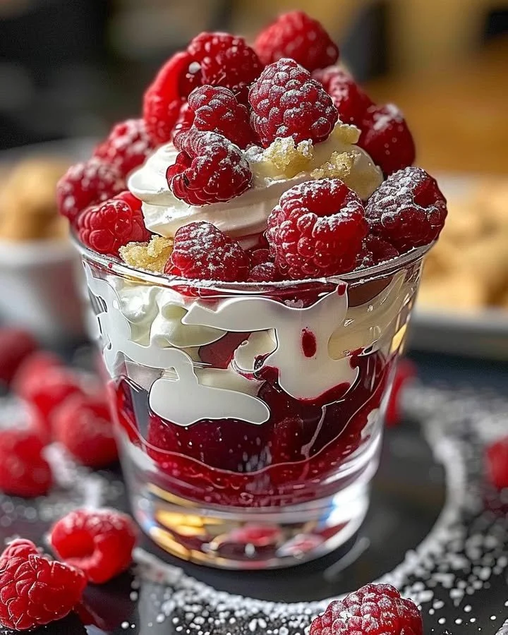 Heavenly raspberry white chocolate mousse parfait served in a glass