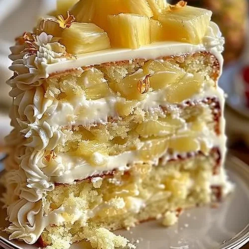 Heavenly White Chocolate Pineapple Cake topped with fresh pineapple slices