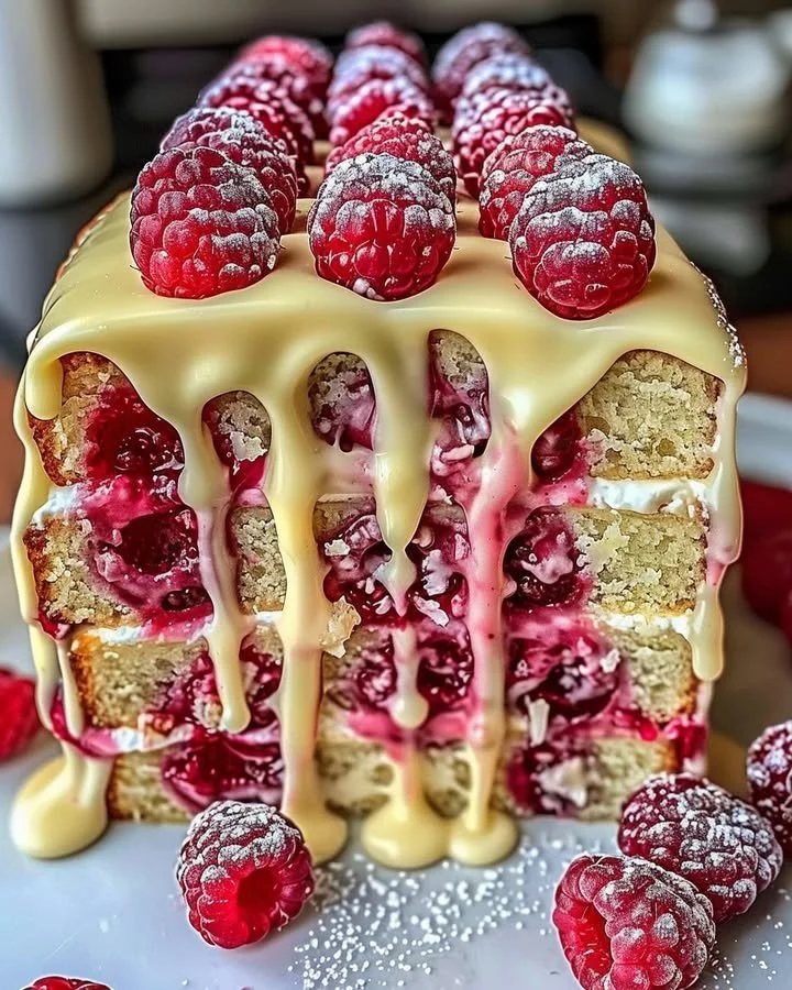 Heavenly White Chocolate Raspberry Cake with fresh raspberries on top
