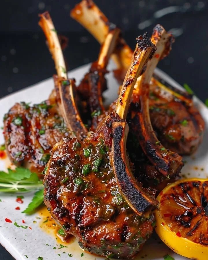 Herbaceous lamb chops garnished with fresh herbs on a plate.