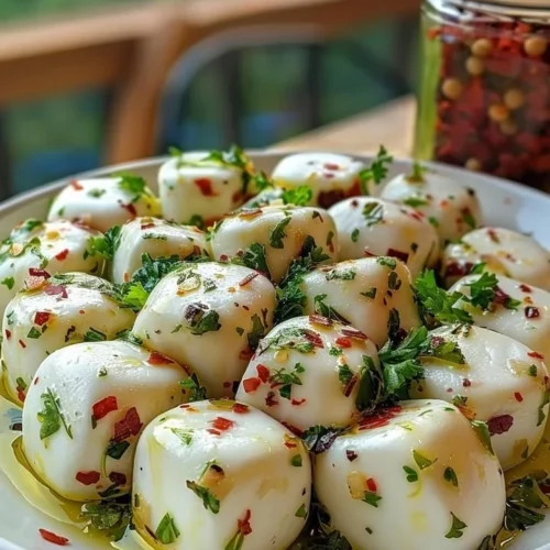 Herbed marinated mozzarella drizzled with olive oil and garlic
