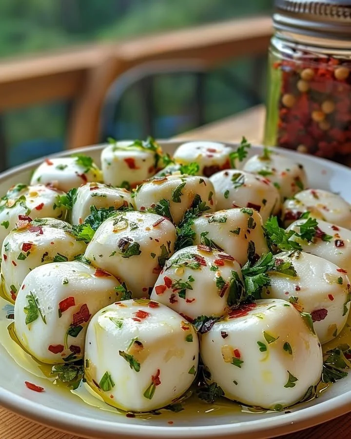 Herbed marinated mozzarella drizzled with olive oil and garlic
