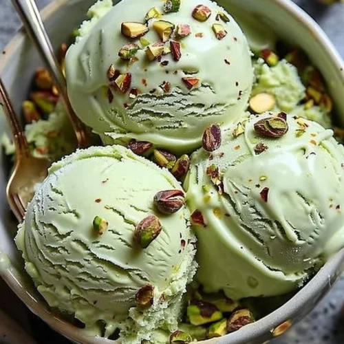 High protein pistachio ice cream in a bowl with fresh pistachios on top.