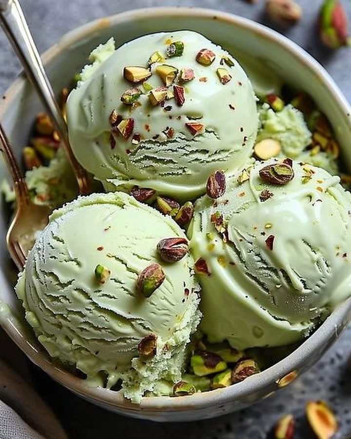 High protein pistachio ice cream in a bowl with fresh pistachios on top.