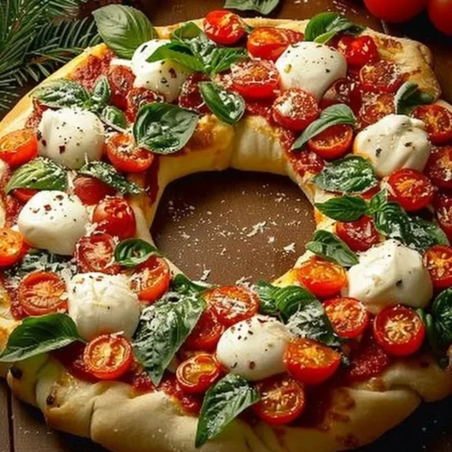 Holiday Wreath Pizza with festive toppings and holiday decorations.