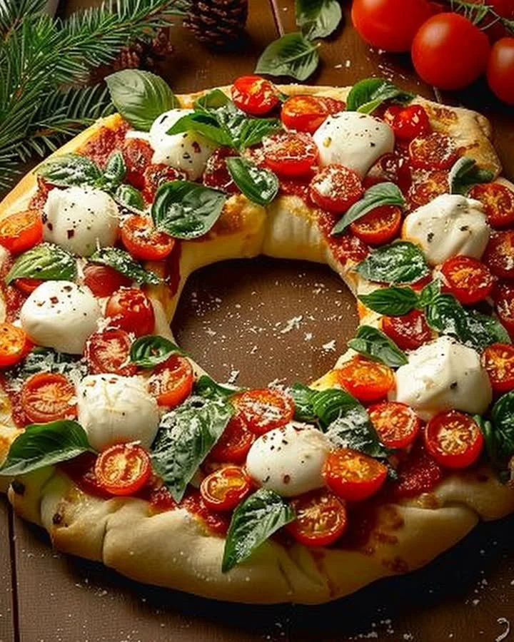 Holiday Wreath Pizza with festive toppings and holiday decorations.