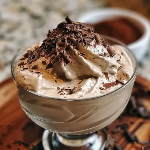 Bowl of creamy homemade Baileys ice cream topped with chocolate shavings