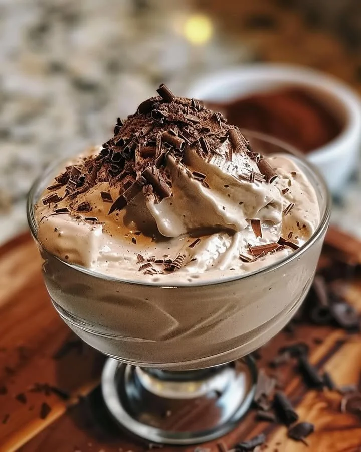 Bowl of creamy homemade Baileys ice cream topped with chocolate shavings