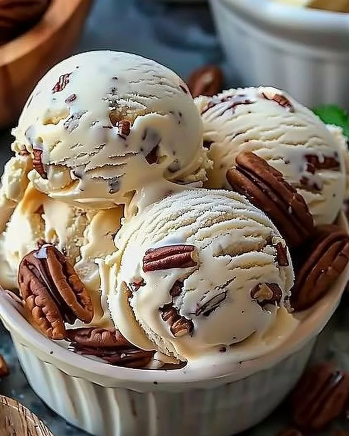 Creamy homemade butter pecan ice cream with nuts