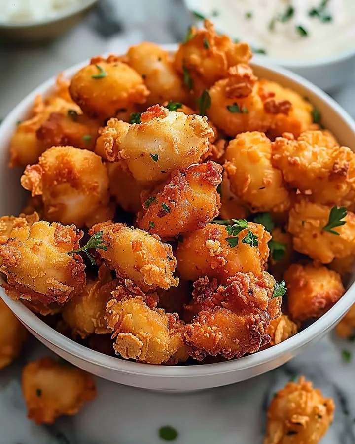 Crispy homemade popcorn chicken served with dipping sauce