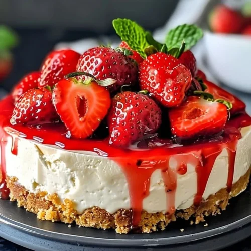 Homemade strawberry cheesecake topping over a slice of cheesecake