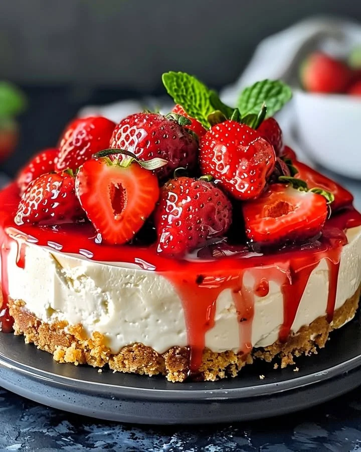 Homemade strawberry cheesecake topping over a slice of cheesecake