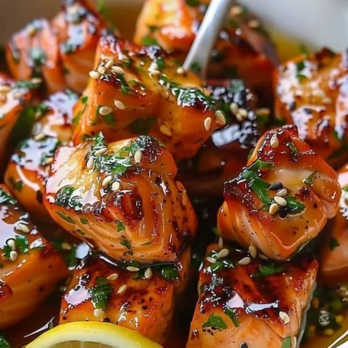 Honey Butter Garlic Glazed Salmon Bites on a serving platter
