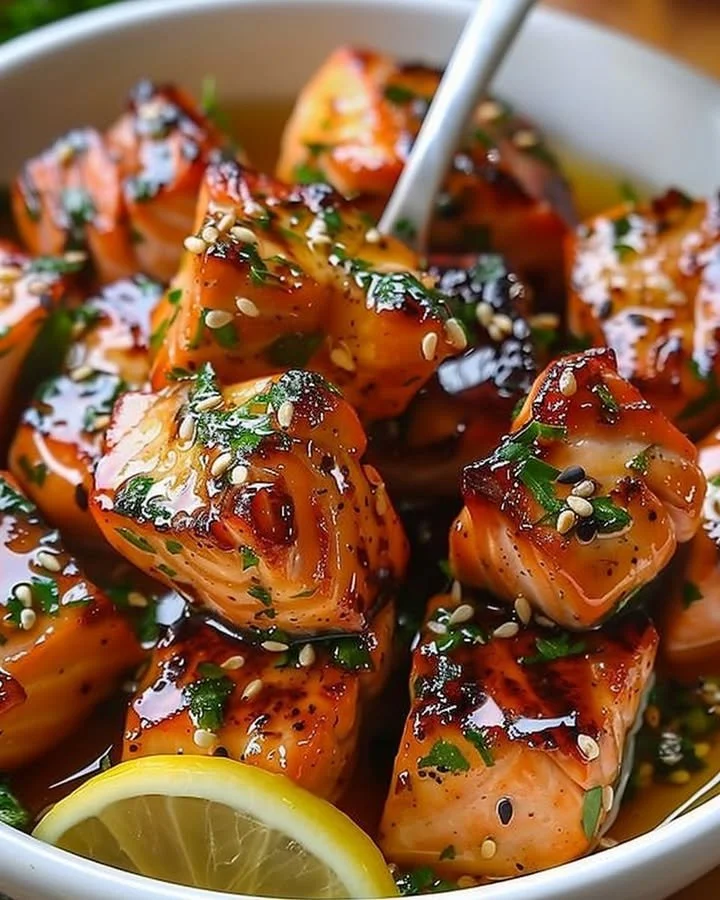 Honey Butter Garlic Glazed Salmon Bites on a serving platter