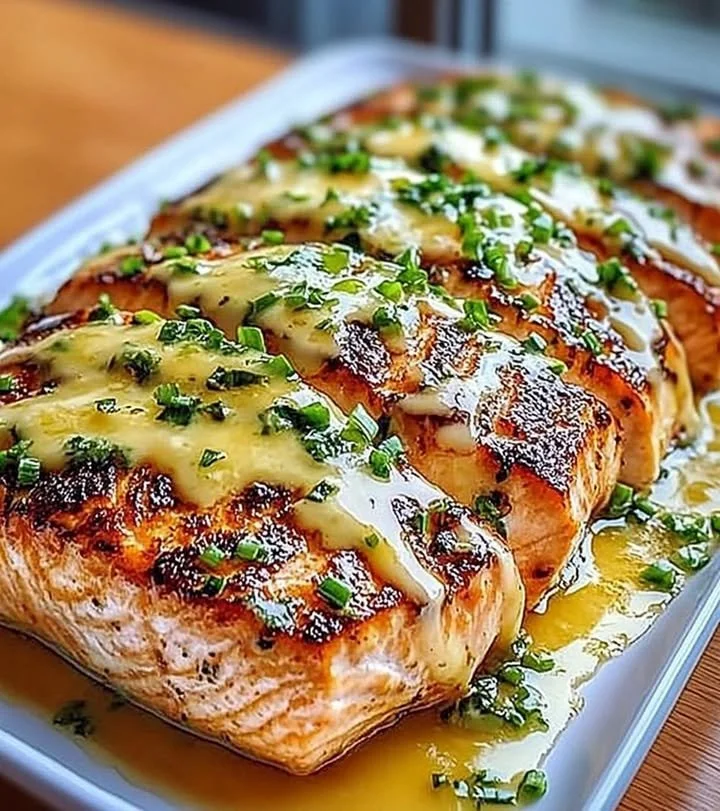 Honey Lime Garlic Butter Baked Salmon served on a plate with fresh herbs.