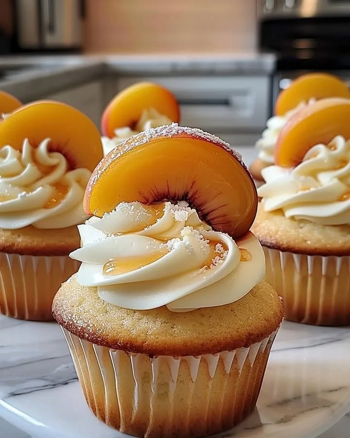 Delicious Honey Peach Cream Cheese Cupcakes topped with creamy frosting.