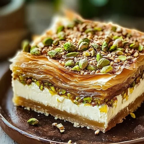 Delicious Honey Pistachio Baklava Cheesecake topped with pistachios and honey drizzle.