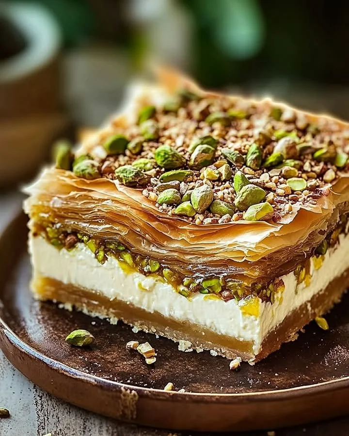 Delicious Honey Pistachio Baklava Cheesecake topped with pistachios and honey drizzle.