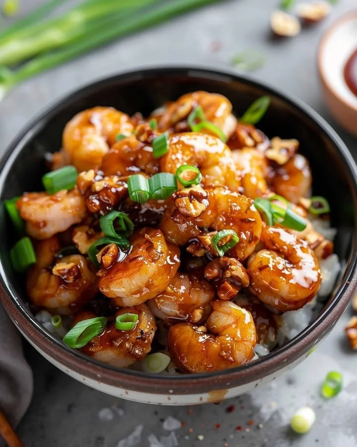 Plate of Honey Walnut Shrimp Delight garnished with walnuts and herbs